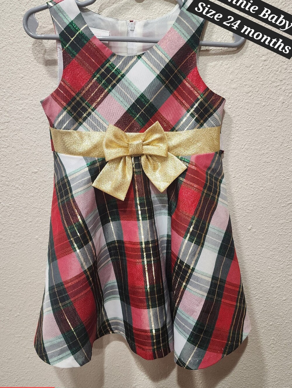Bonnie Baby Red Green Plaid Dress with Gold Bow Sash